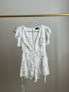 MAJORELLE from Revolve Cream Romper with Pink Floral Embroidery